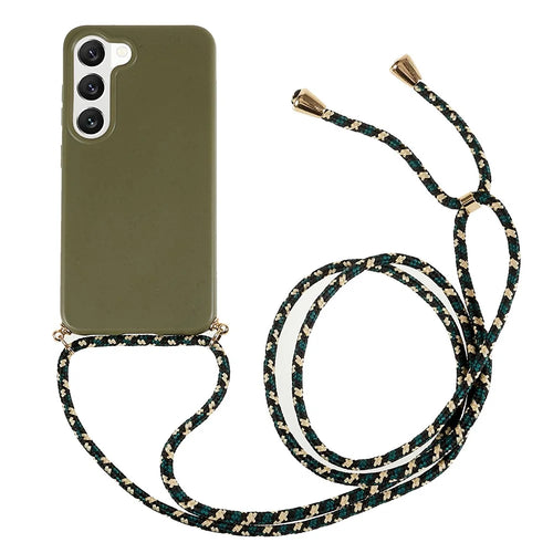 For Samsung Galaxy S23+ Biodegradable Phone Case Wheat Straw Soft TPU Shockproof Protection Skin Shell Cover with Adjustable Lanyard - Army Green - 1