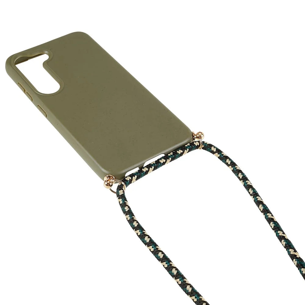 For Samsung Galaxy S23+ Biodegradable Phone Case Wheat Straw Soft TPU Shockproof Protection Skin Shell Cover with Adjustable Lanyard - Army Green - 3