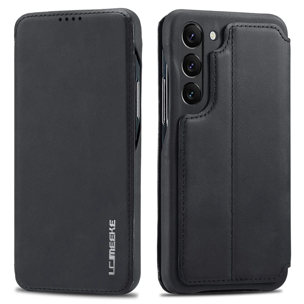 LC.IMEEKE For Samsung Galaxy S23 Dustproof Cell Phone Cover PU Leather Stand Phone Case with Card Slot - Black - 1