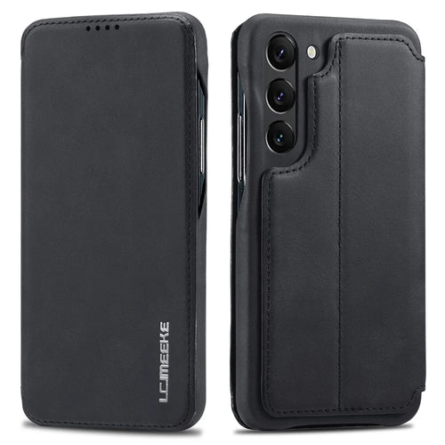 LC.IMEEKE For Samsung Galaxy S23 Dustproof Cell Phone Cover PU Leather Stand Phone Case with Card Slot - Black - 1