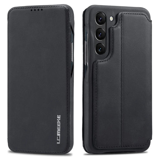LC.IMEEKE For Samsung Galaxy S23 Dustproof Cell Phone Cover PU Leather Stand Phone Case with Card Slot - Black - 1