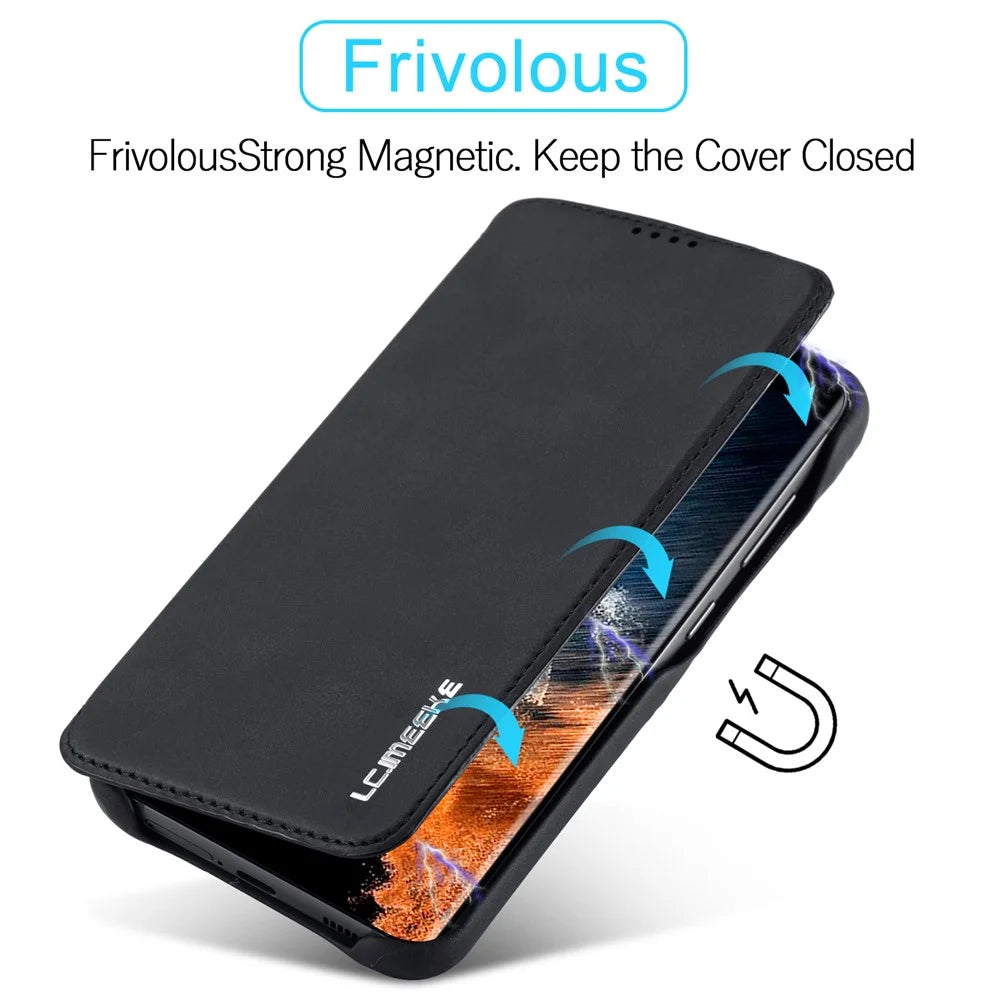 LC.IMEEKE For Samsung Galaxy S23 Dustproof Cell Phone Cover PU Leather Stand Phone Case with Card Slot - Black - 5