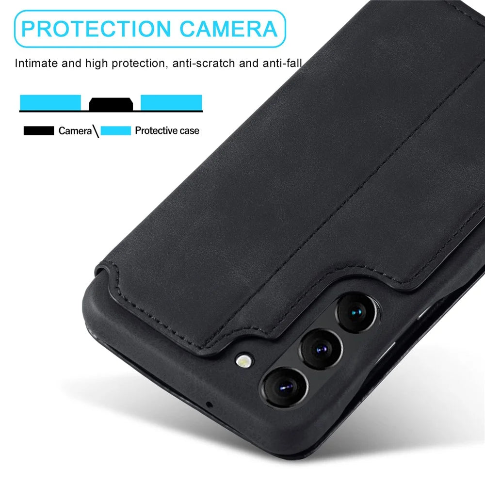 LC.IMEEKE For Samsung Galaxy S23 Dustproof Cell Phone Cover PU Leather Stand Phone Case with Card Slot - Black - 6