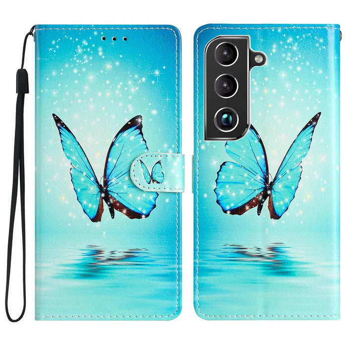 For Samsung Galaxy S22 5G Pattern Printing Stand PU Leather Wallet Phone Case Magnetic Closure Shockproof Protective Flip Cover with Strap - Blue Butterfly - 1