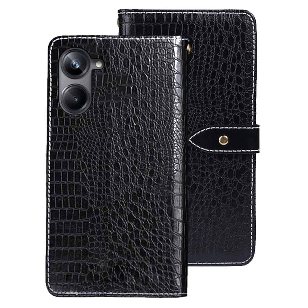 IDEWEI For Realme 10 Pro 5G Anti-scratch Crocodile Texture Phone Case PU Leather Wallet Stand Magnetic Closure Cover - Black - 1