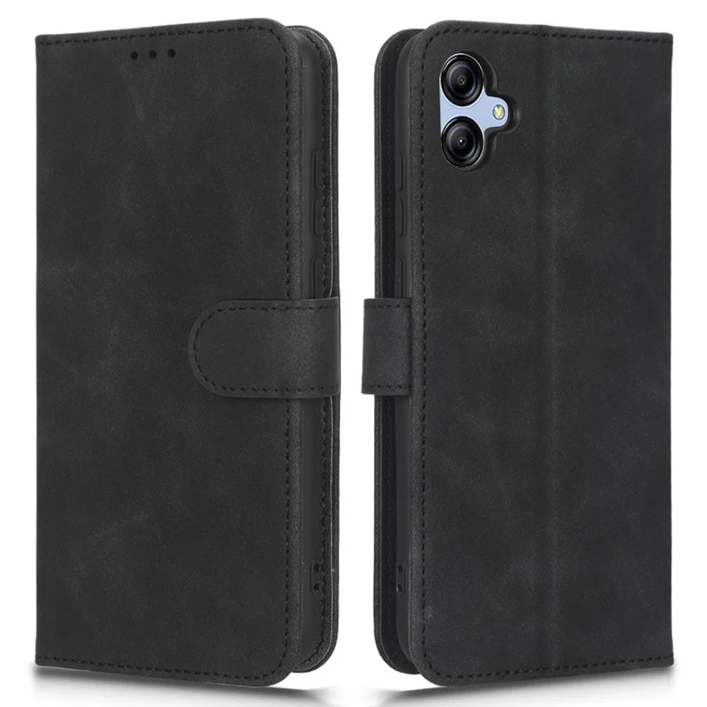 For Samsung Galaxy A04e 4G / F04 4G / M04 4G Skin-touch Feeling Phone Case Wallet Stand Flip PU Leather+TPU Anti-scratch Phone Cover - Black - 1