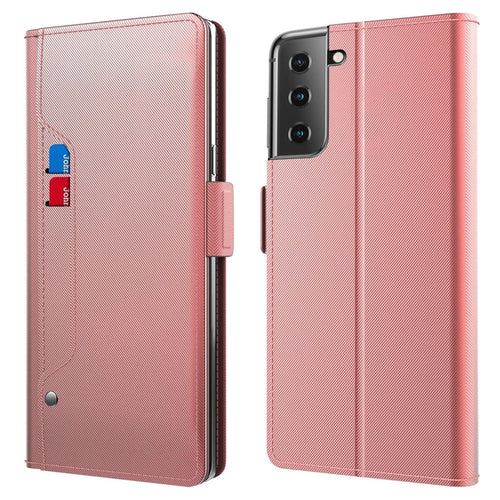 For Samsung Galaxy S22 5G Anti-scratch PU Leather Flip Phone Case Card Holder Stand Dual Magnetic Clasp Phone Cover with Makeup Mirror - Rose Gold - 1