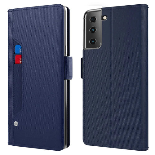 Drop-proof PU Leather Phone Case For Samsung Galaxy S22+ 5G, Card Holder Stand Dual Magnetic Clasp Flip Phone Cover with Makeup Mirror - Blue - 1