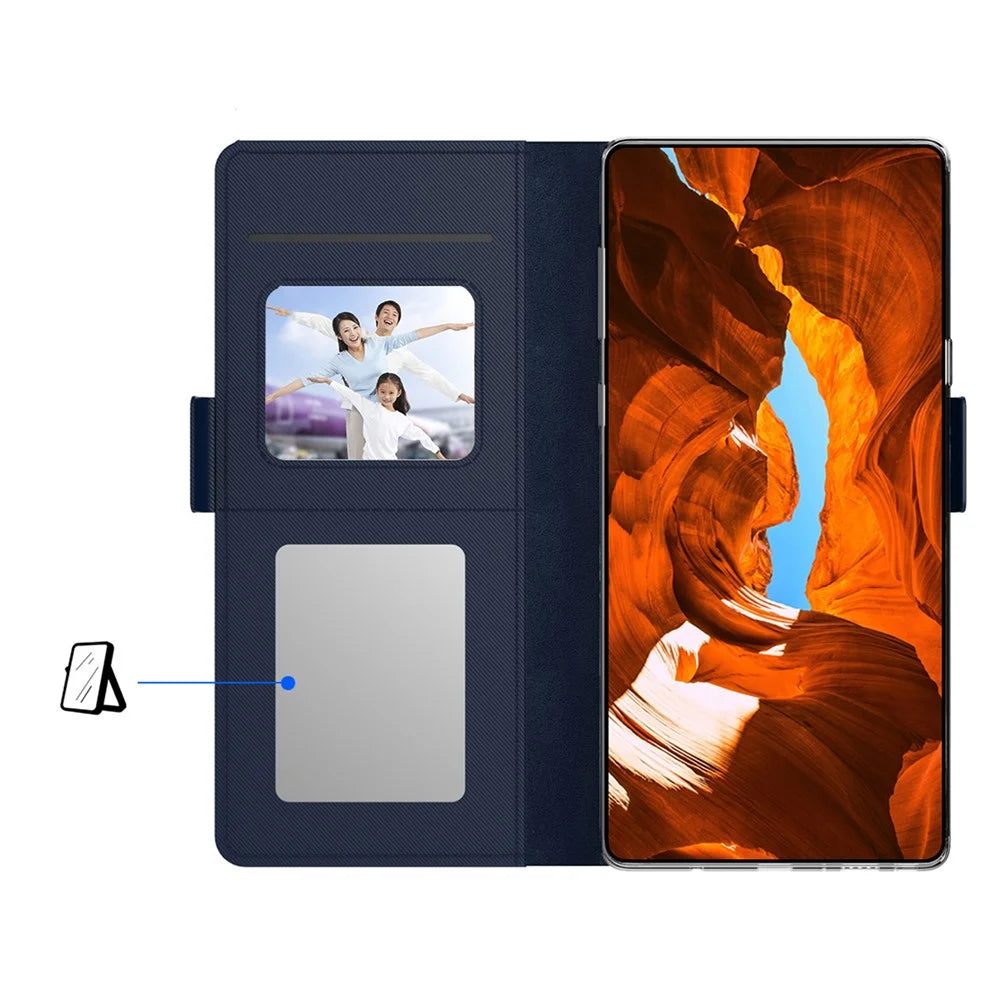 Drop-proof PU Leather Phone Case For Samsung Galaxy S22+ 5G, Card Holder Stand Dual Magnetic Clasp Flip Phone Cover with Makeup Mirror - Blue - 3