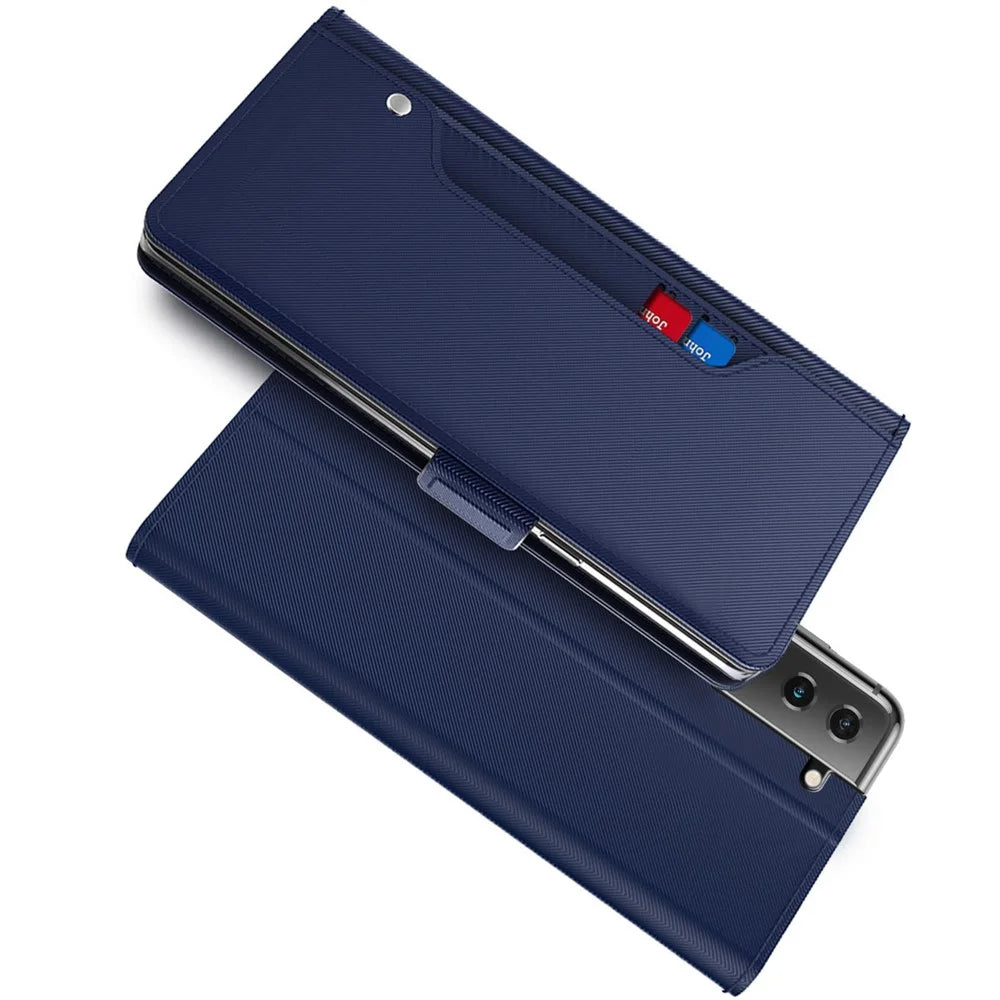 Drop-proof PU Leather Phone Case For Samsung Galaxy S22+ 5G, Card Holder Stand Dual Magnetic Clasp Flip Phone Cover with Makeup Mirror - Blue - 6