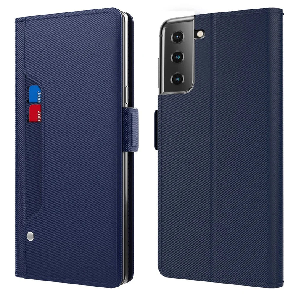 For Samsung Galaxy S23+ ShockProof PU Leather Phone Case Makeup Mirror Design Card Holder Stand Magnetic Closure Flip Phone Cover - Blue - 1