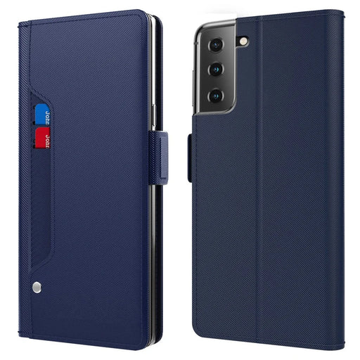 For Samsung Galaxy S23+ ShockProof PU Leather Phone Case Makeup Mirror Design Card Holder Stand Magnetic Closure Flip Phone Cover - Blue - 1