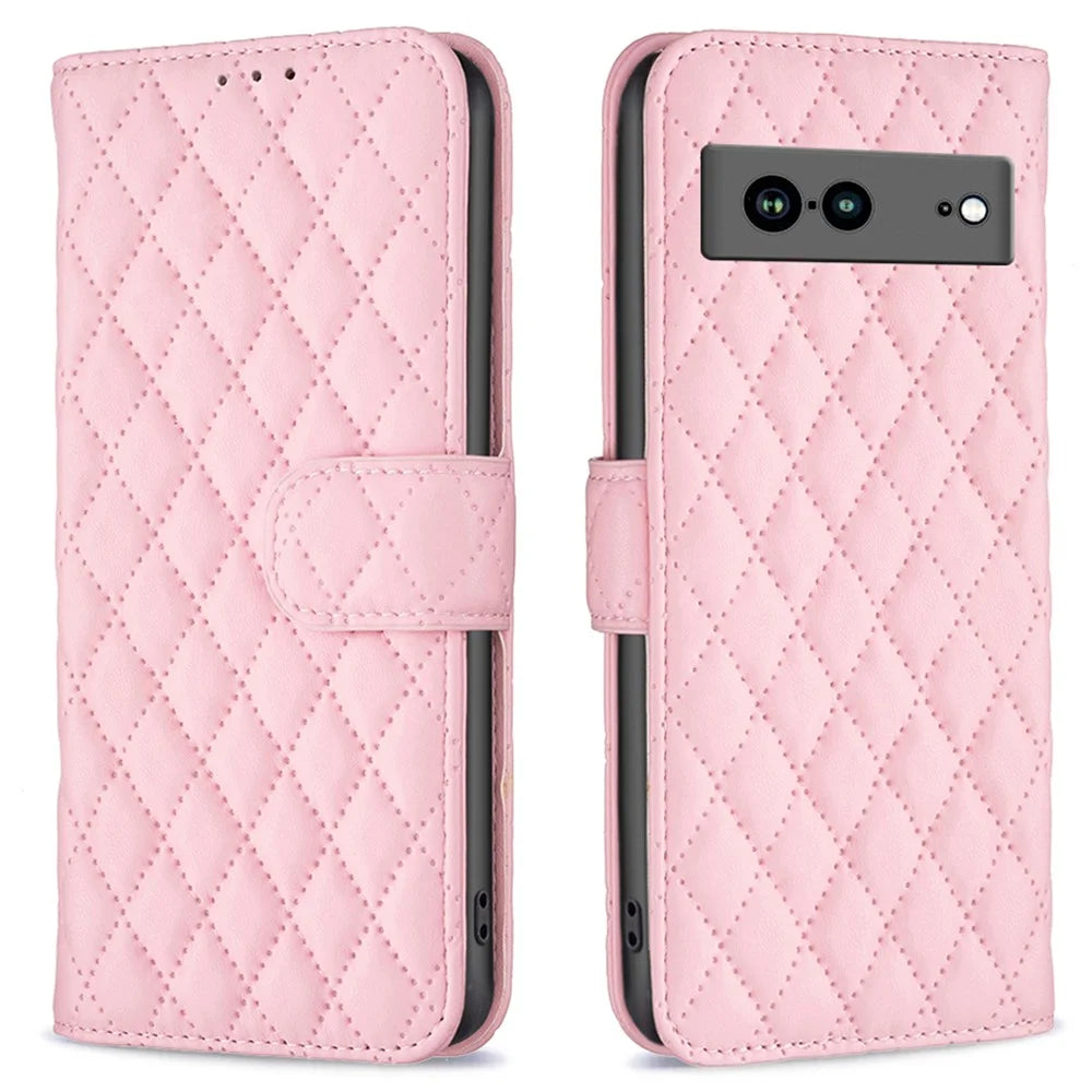 BINFEN COLOR BF Style-14 Anti-fall Phone Case For Google Pixel 7a Imprinted Rhombus Pattern PU Leather Wallet Stand Magnetic Closure Flip Folio Phone Cover - Pink - 1
