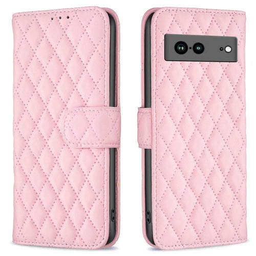 BINFEN COLOR BF Style-14 Anti-fall Phone Case For Google Pixel 7a Imprinted Rhombus Pattern PU Leather Wallet Stand Magnetic Closure Flip Folio Phone Cover - Pink - 1