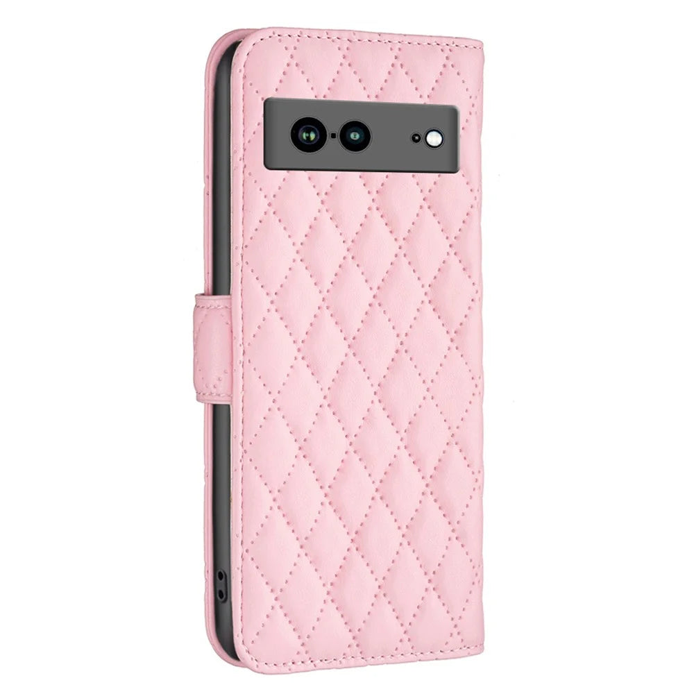 BINFEN COLOR BF Style-14 Anti-fall Phone Case For Google Pixel 7a Imprinted Rhombus Pattern PU Leather Wallet Stand Magnetic Closure Flip Folio Phone Cover - Pink - 7
