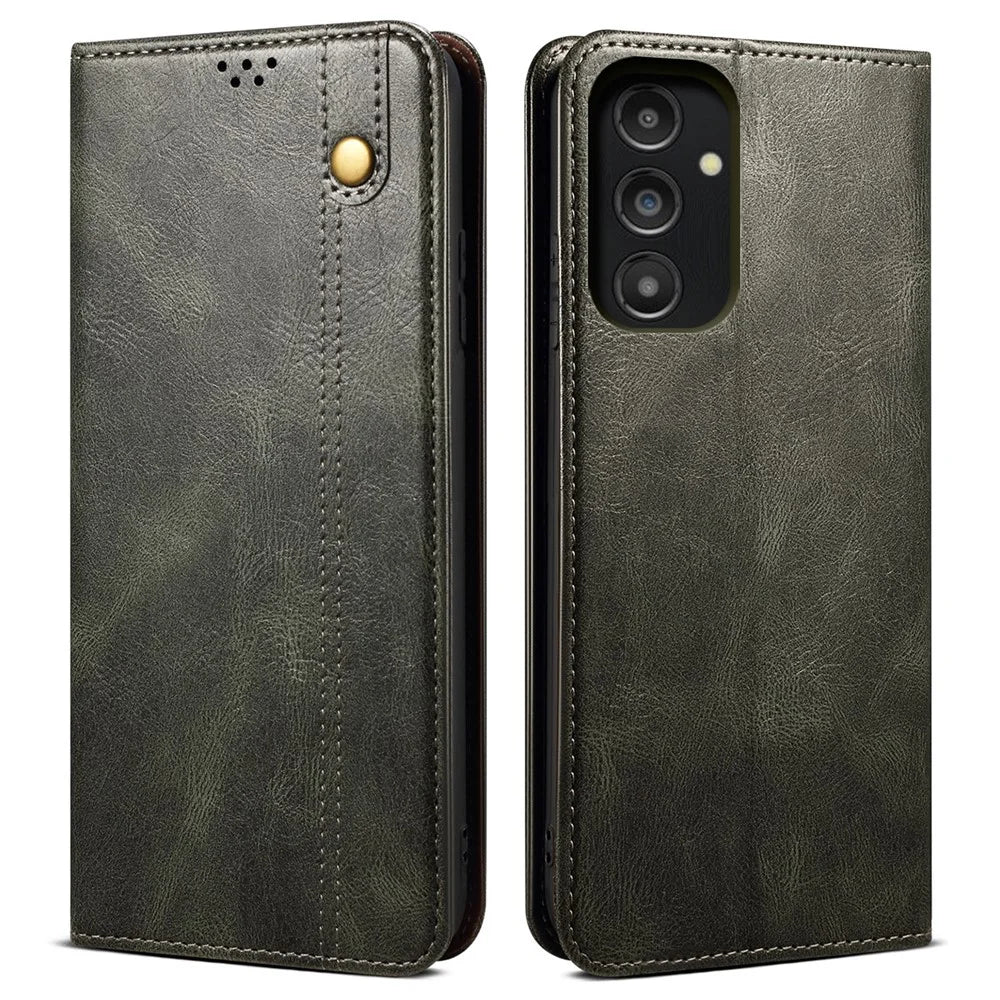 For Samsung Galaxy A14 5G / 4G Waxy Crazy Horse Texture Phone Case Magnetic Auto-absorbed PU Leather Stand Wallet Cover - Green - 1