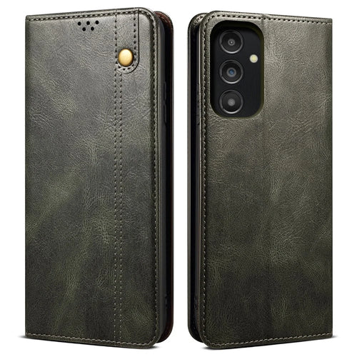 For Samsung Galaxy A14 5G / 4G Waxy Crazy Horse Texture Phone Case Magnetic Auto-absorbed PU Leather Stand Wallet Cover - Green - 1