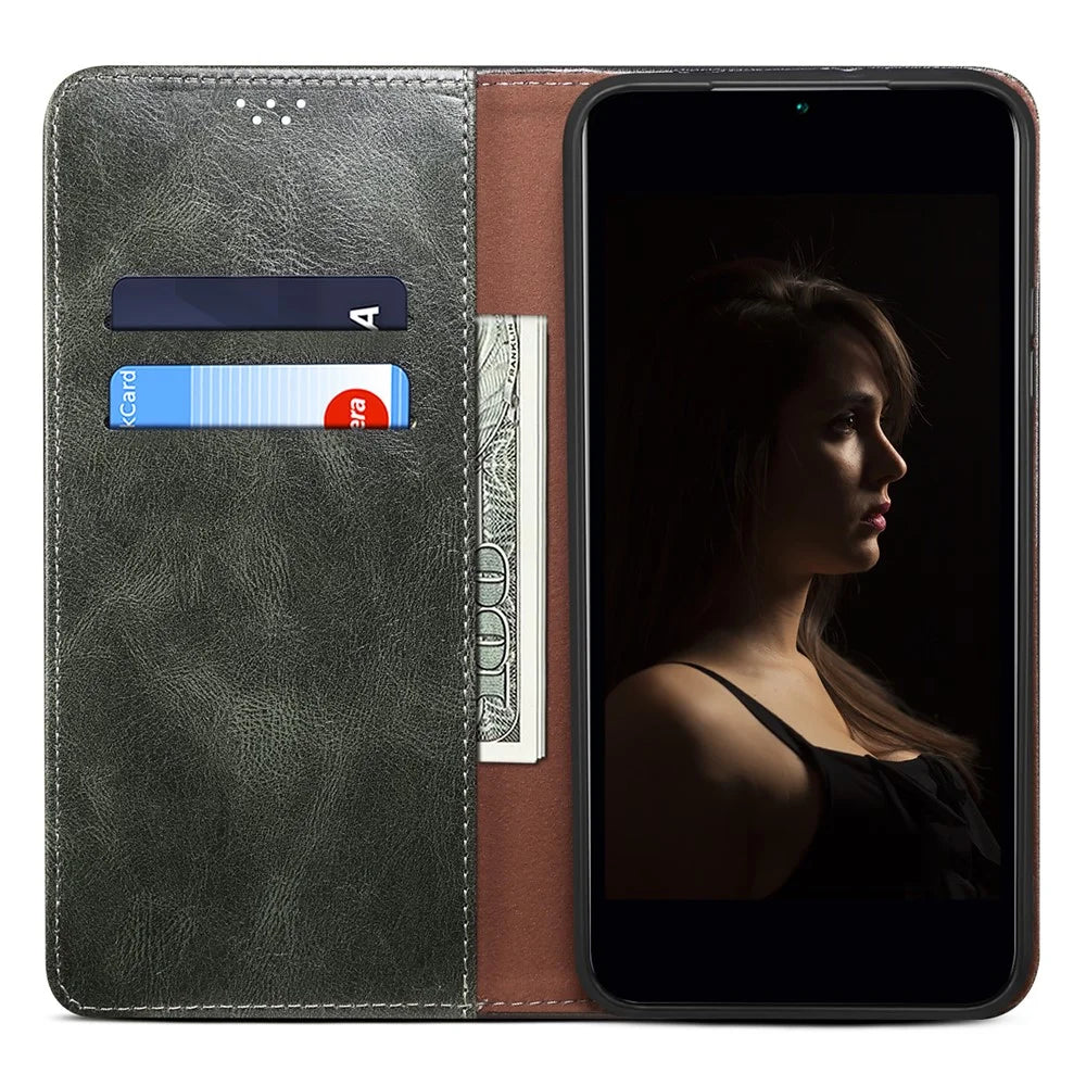 For Samsung Galaxy A14 5G / 4G Waxy Crazy Horse Texture Phone Case Magnetic Auto-absorbed PU Leather Stand Wallet Cover - Green - 2
