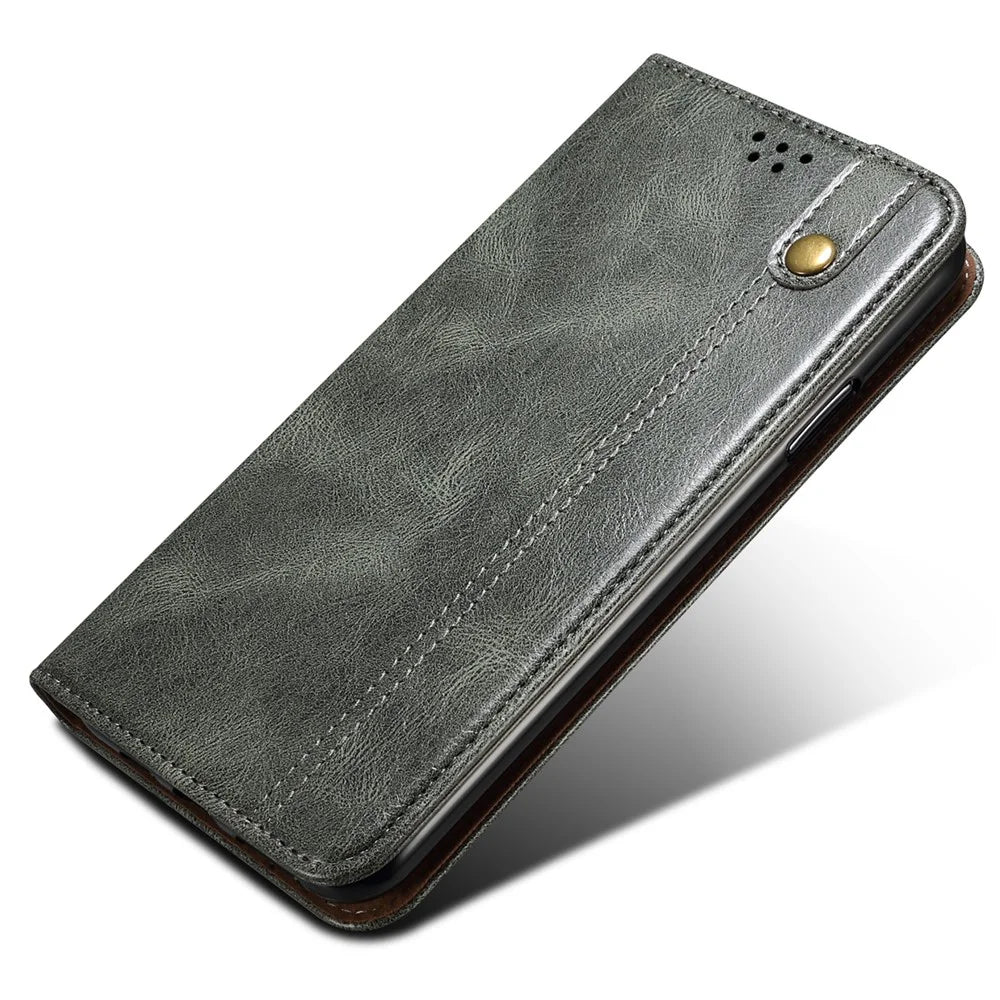 For Samsung Galaxy A14 5G / 4G Waxy Crazy Horse Texture Phone Case Magnetic Auto-absorbed PU Leather Stand Wallet Cover - Green - 5