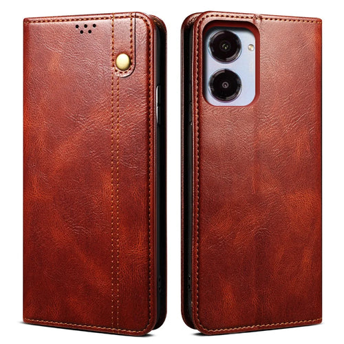 For Realme 10 4G Waxy Crazy Horse Texture Stand Wallet Case PU Leather Magnetic Auto-absorbed Folio Flip Phone Cover - Brown - 1
