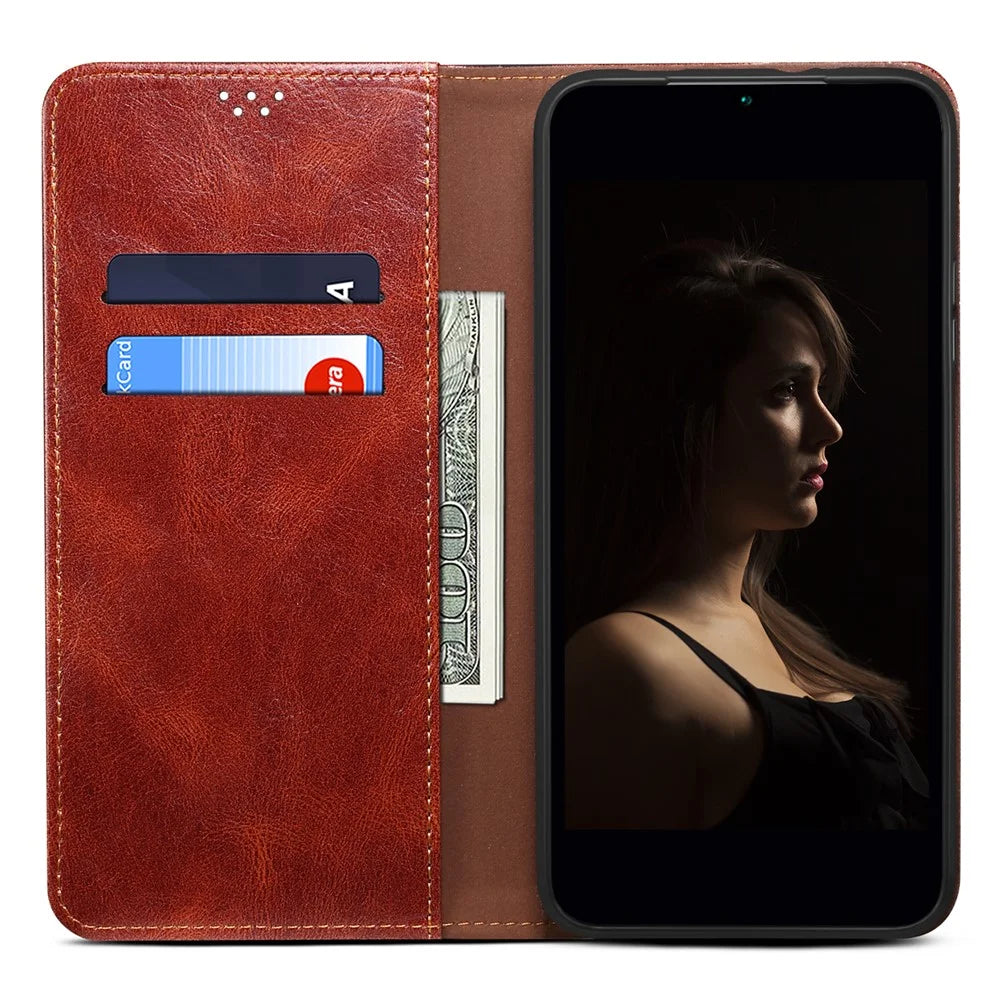 For Realme 10 4G Waxy Crazy Horse Texture Stand Wallet Case PU Leather Magnetic Auto-absorbed Folio Flip Phone Cover - Brown - 2