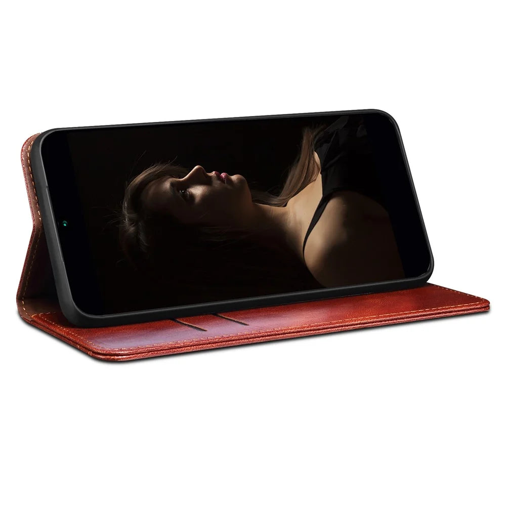 For Realme 10 4G Waxy Crazy Horse Texture Stand Wallet Case PU Leather Magnetic Auto-absorbed Folio Flip Phone Cover - Brown - 4