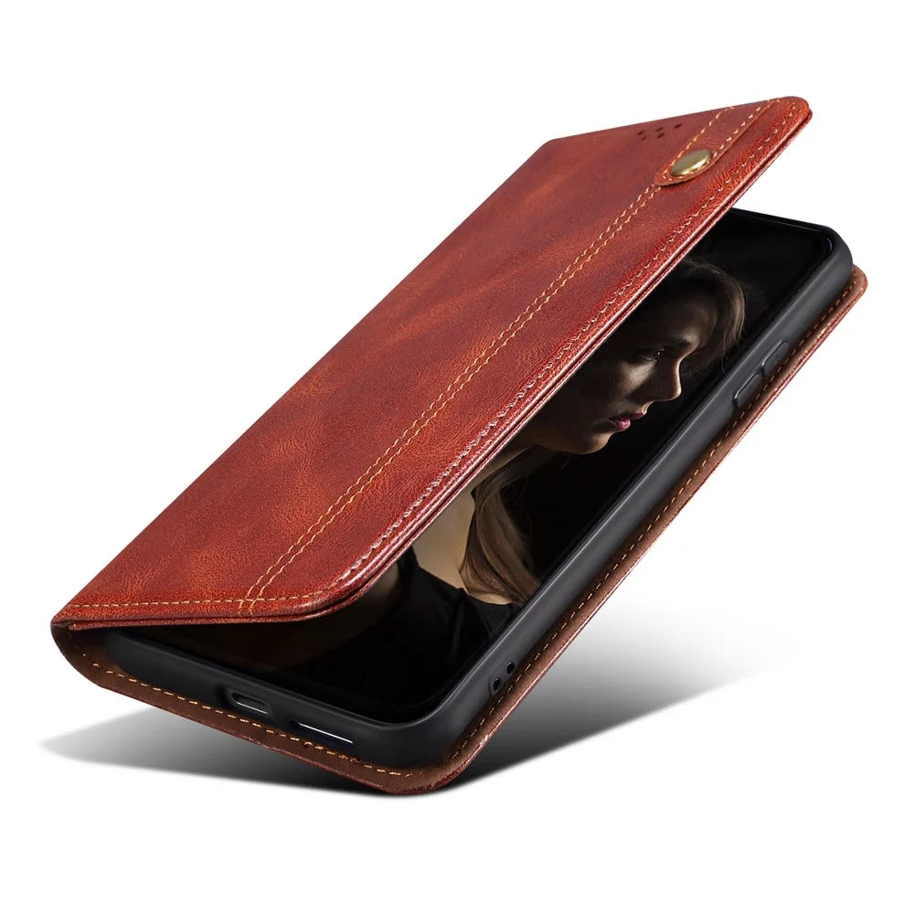 For Realme 10 4G Waxy Crazy Horse Texture Stand Wallet Case PU Leather Magnetic Auto-absorbed Folio Flip Phone Cover - Brown - 6