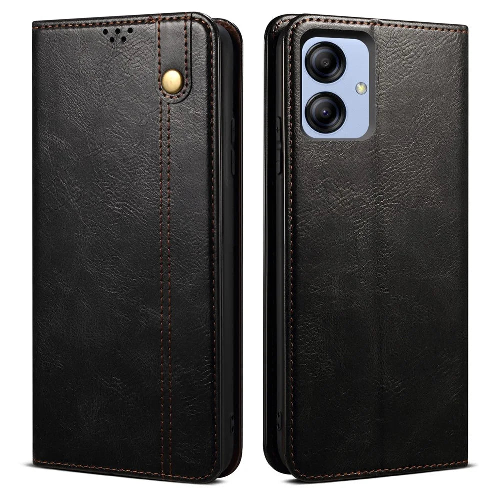 For Samsung Galaxy A04e 4G / F04 4G / M04 4G Waxy Crazy Horse Texture PU Leather Phone Case Auto Closing Magnetic Cover with Stand Wallet - Black - 1