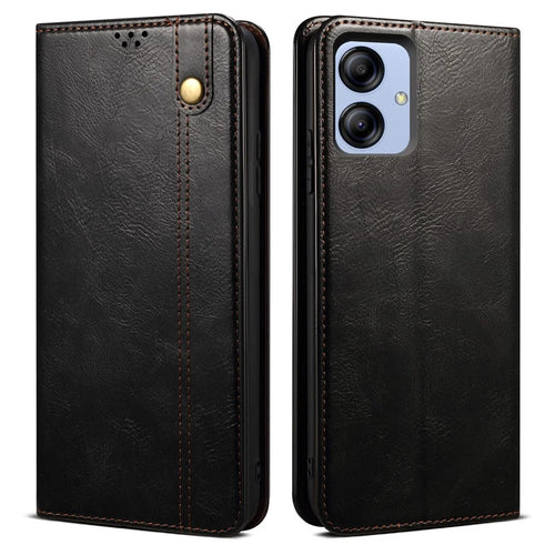 For Samsung Galaxy A04e 4G / F04 4G / M04 4G Waxy Crazy Horse Texture PU Leather Phone Case Auto Closing Magnetic Cover with Stand Wallet - Black - 1