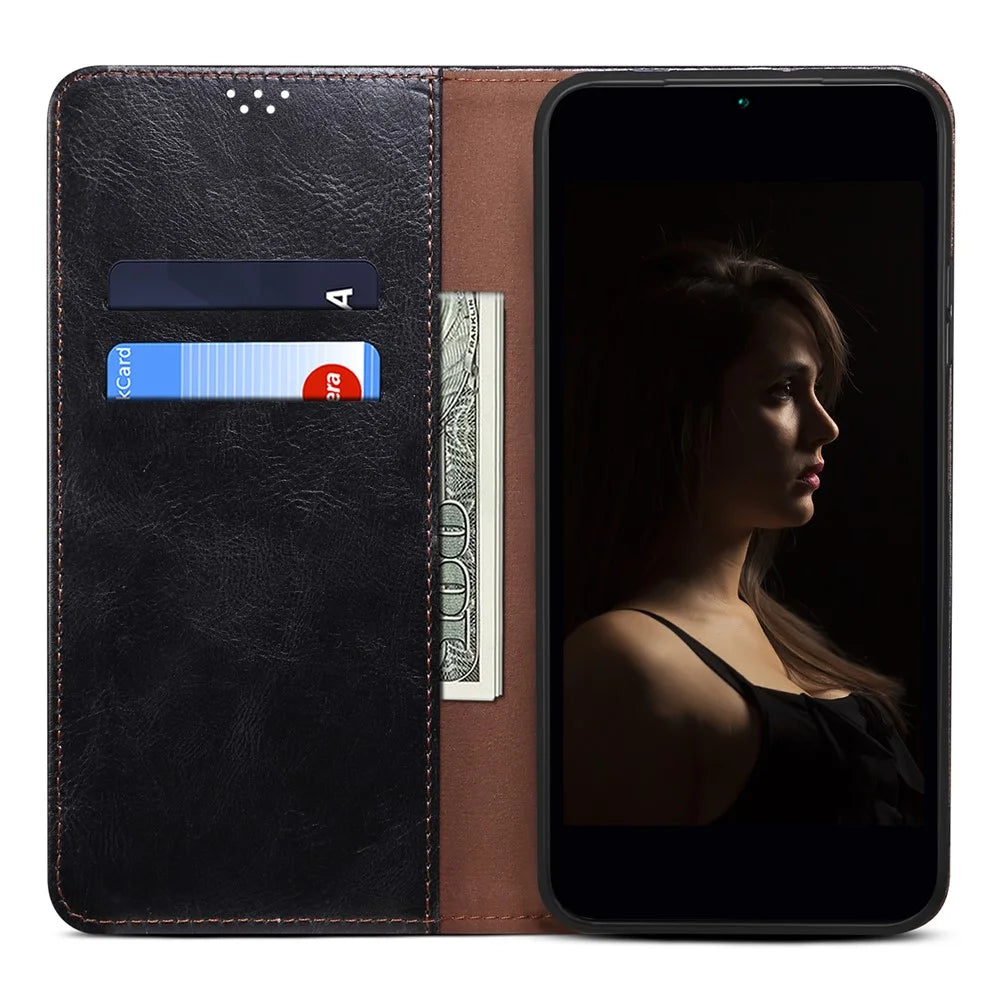 For Samsung Galaxy A04e 4G / F04 4G / M04 4G Waxy Crazy Horse Texture PU Leather Phone Case Auto Closing Magnetic Cover with Stand Wallet - Black - 2
