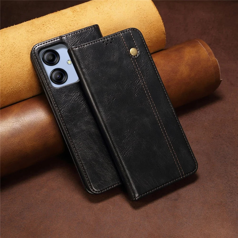 For Samsung Galaxy A04e 4G / F04 4G / M04 4G Waxy Crazy Horse Texture PU Leather Phone Case Auto Closing Magnetic Cover with Stand Wallet - Black - 6