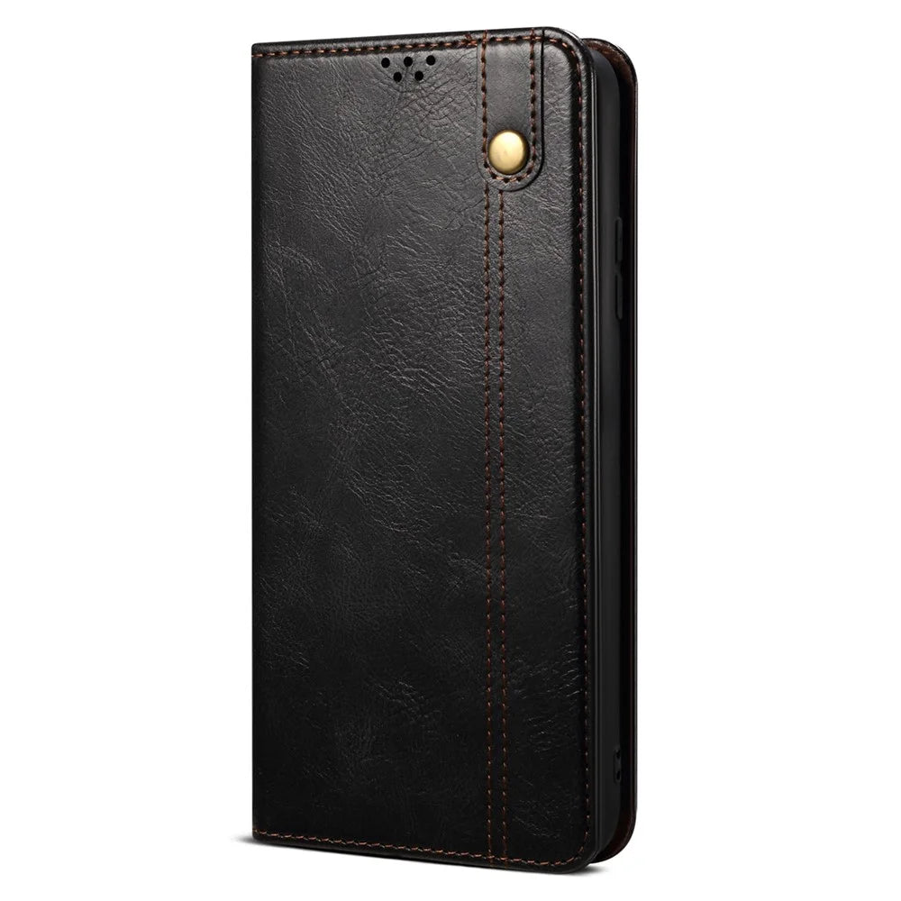 For Samsung Galaxy A04e 4G / F04 4G / M04 4G Waxy Crazy Horse Texture PU Leather Phone Case Auto Closing Magnetic Cover with Stand Wallet - Black - 7