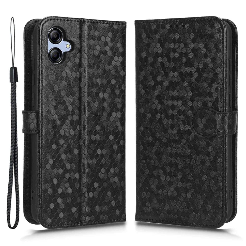 For Samsung Galaxy A04e 4G / F04 4G / M04 4G Dot Pattern Imprinted Phone Cover Anti-shock Protective PU Leather Phone Wallet Case Stand with Strap - Black - 1