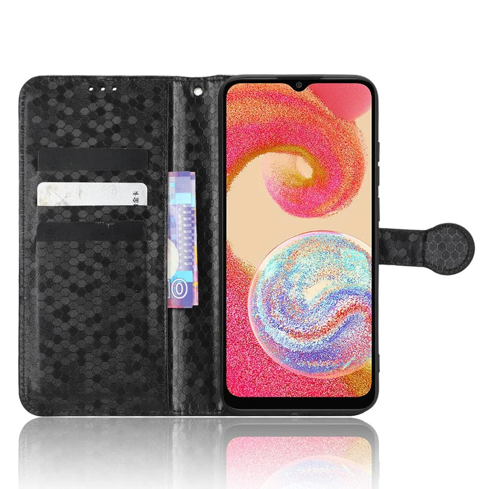 For Samsung Galaxy A04e 4G / F04 4G / M04 4G Dot Pattern Imprinted Phone Cover Anti-shock Protective PU Leather Phone Wallet Case Stand with Strap - Black - 2