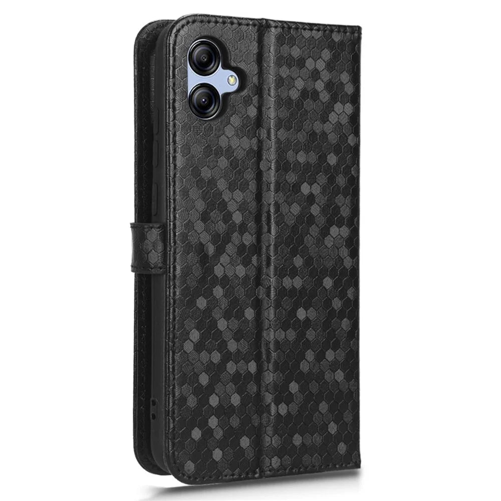 For Samsung Galaxy A04e 4G / F04 4G / M04 4G Dot Pattern Imprinted Phone Cover Anti-shock Protective PU Leather Phone Wallet Case Stand with Strap - Black - 6