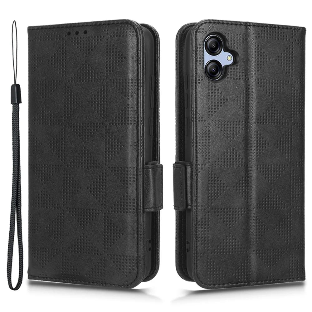 Shockproof Phone Cover For Samsung Galaxy A04e 4G / F04 4G / M04 4G Imprinted Triangle Pattern PU Leather Flip Wallet Stand Case with Hand Strap - Black - 1