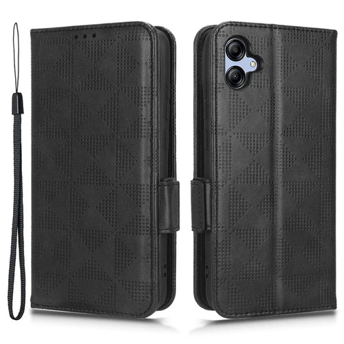 Shockproof Phone Cover For Samsung Galaxy A04e 4G / F04 4G / M04 4G Imprinted Triangle Pattern PU Leather Flip Wallet Stand Case with Hand Strap - Black - 1
