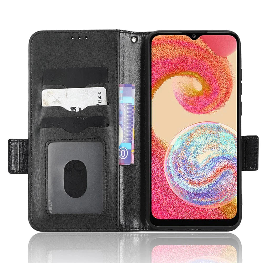 Shockproof Phone Cover For Samsung Galaxy A04e 4G / F04 4G / M04 4G Imprinted Triangle Pattern PU Leather Flip Wallet Stand Case with Hand Strap - Black - 2