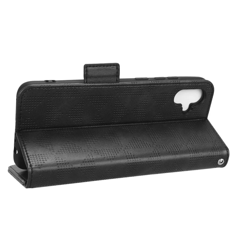 Shockproof Phone Cover For Samsung Galaxy A04e 4G / F04 4G / M04 4G Imprinted Triangle Pattern PU Leather Flip Wallet Stand Case with Hand Strap - Black - 3