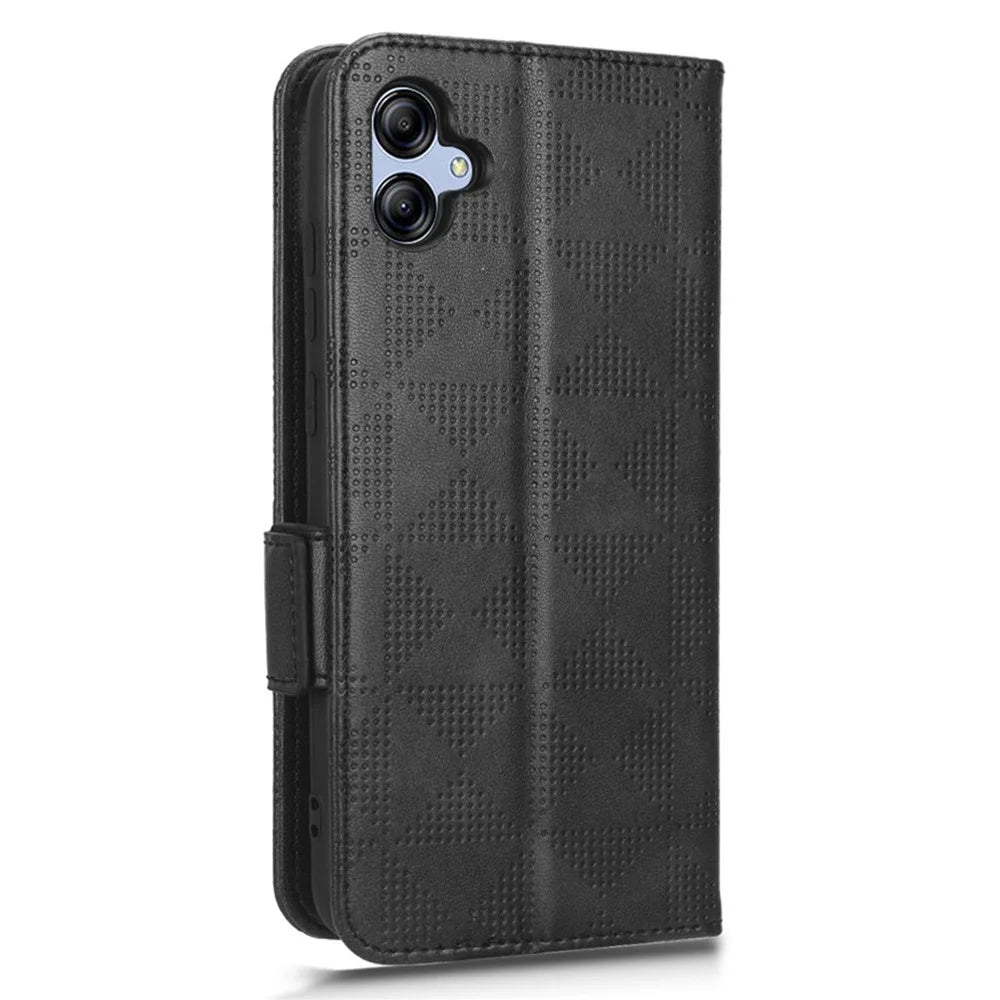 Shockproof Phone Cover For Samsung Galaxy A04e 4G / F04 4G / M04 4G Imprinted Triangle Pattern PU Leather Flip Wallet Stand Case with Hand Strap - Black - 6