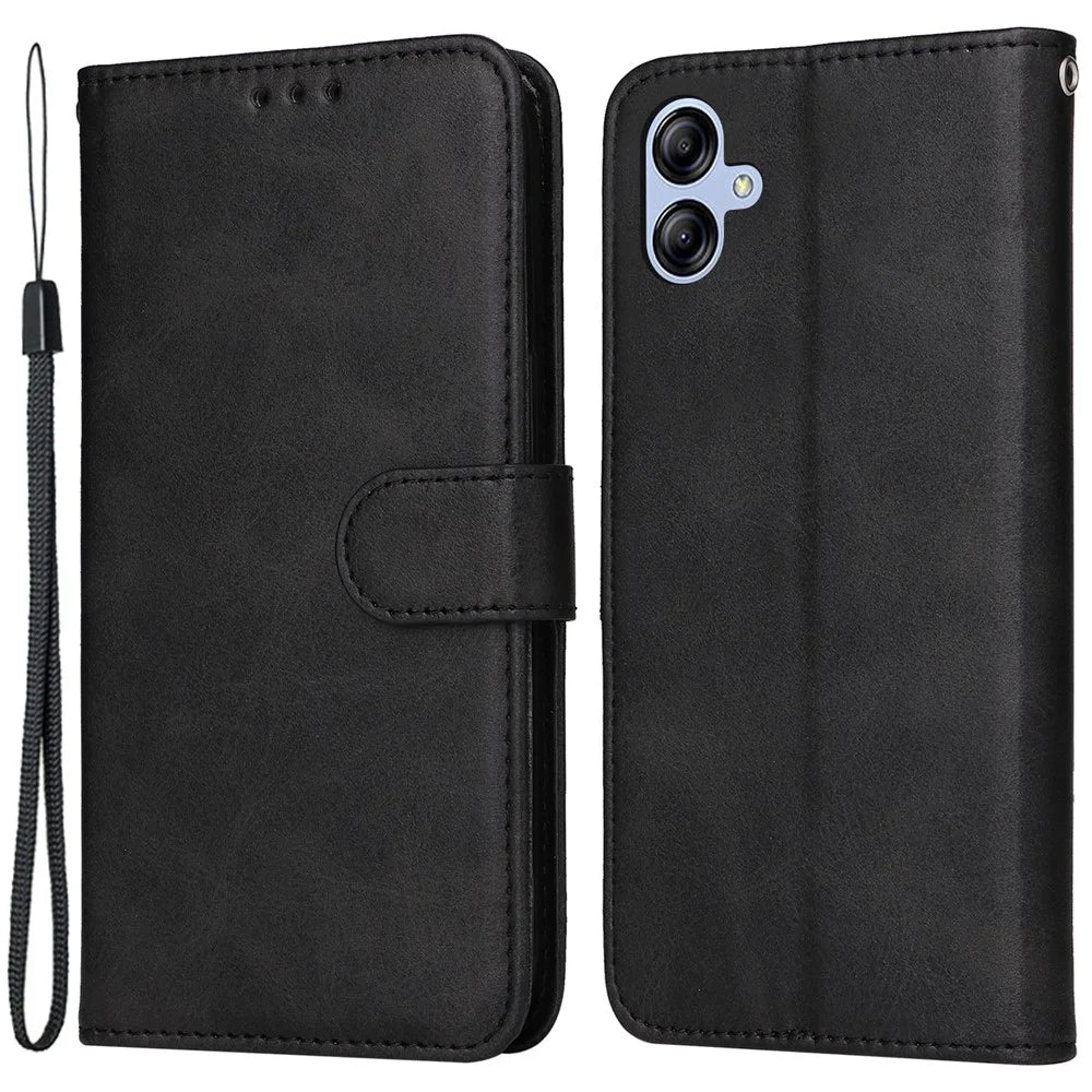 For Samsung Galaxy A04e 4G / F04 4G / M04 4G Magnetic PU Leather Phone Cover Stand Anti-scratch Calf Texture Folio Wallet Phone Case with Strap - Black - 1