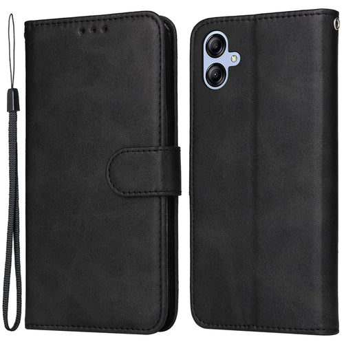 For Samsung Galaxy A04e 4G / F04 4G / M04 4G Magnetic PU Leather Phone Cover Stand Anti-scratch Calf Texture Folio Wallet Phone Case with Strap - Black - 1