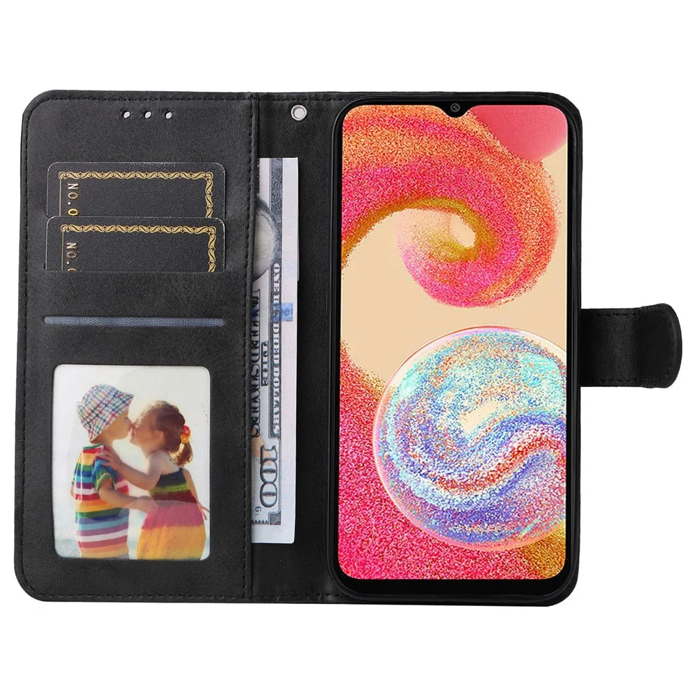 For Samsung Galaxy A04e 4G / F04 4G / M04 4G Magnetic PU Leather Phone Cover Stand Anti-scratch Calf Texture Folio Wallet Phone Case with Strap - Black - 2