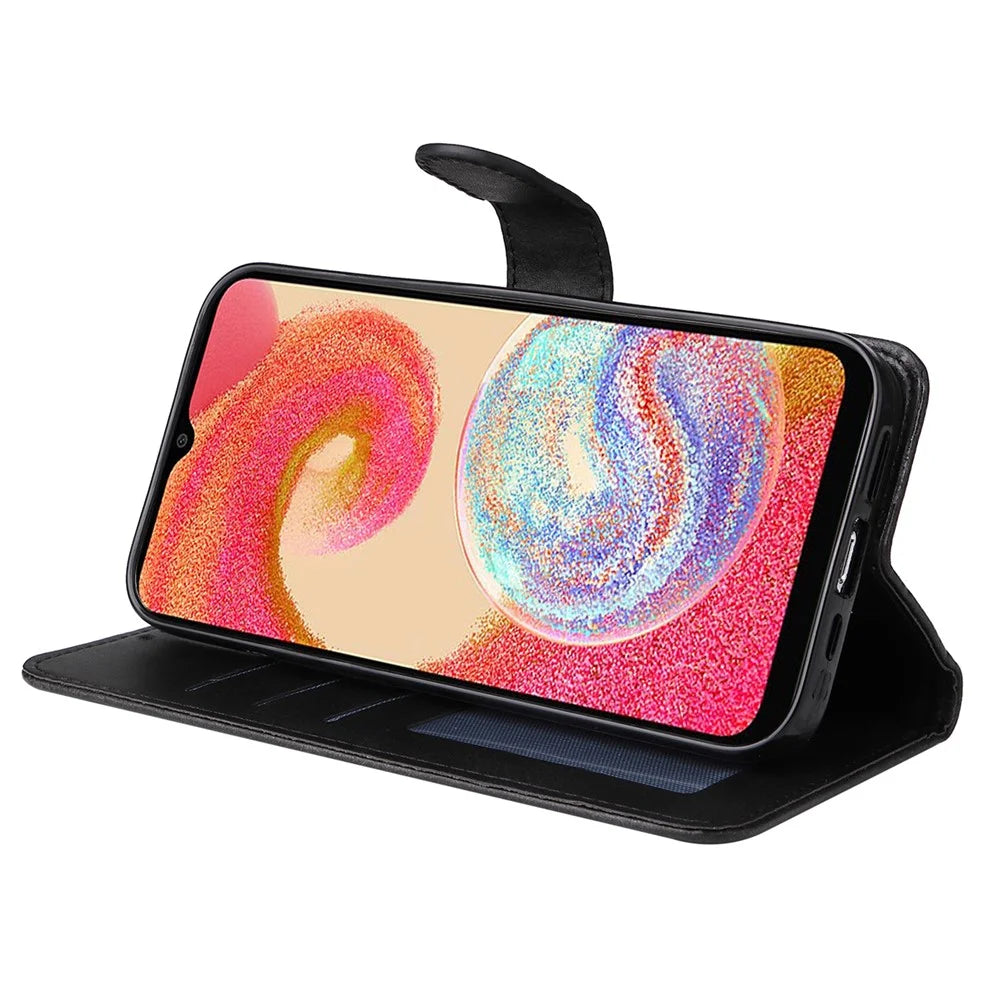 For Samsung Galaxy A04e 4G / F04 4G / M04 4G Magnetic PU Leather Phone Cover Stand Anti-scratch Calf Texture Folio Wallet Phone Case with Strap - Black - 3