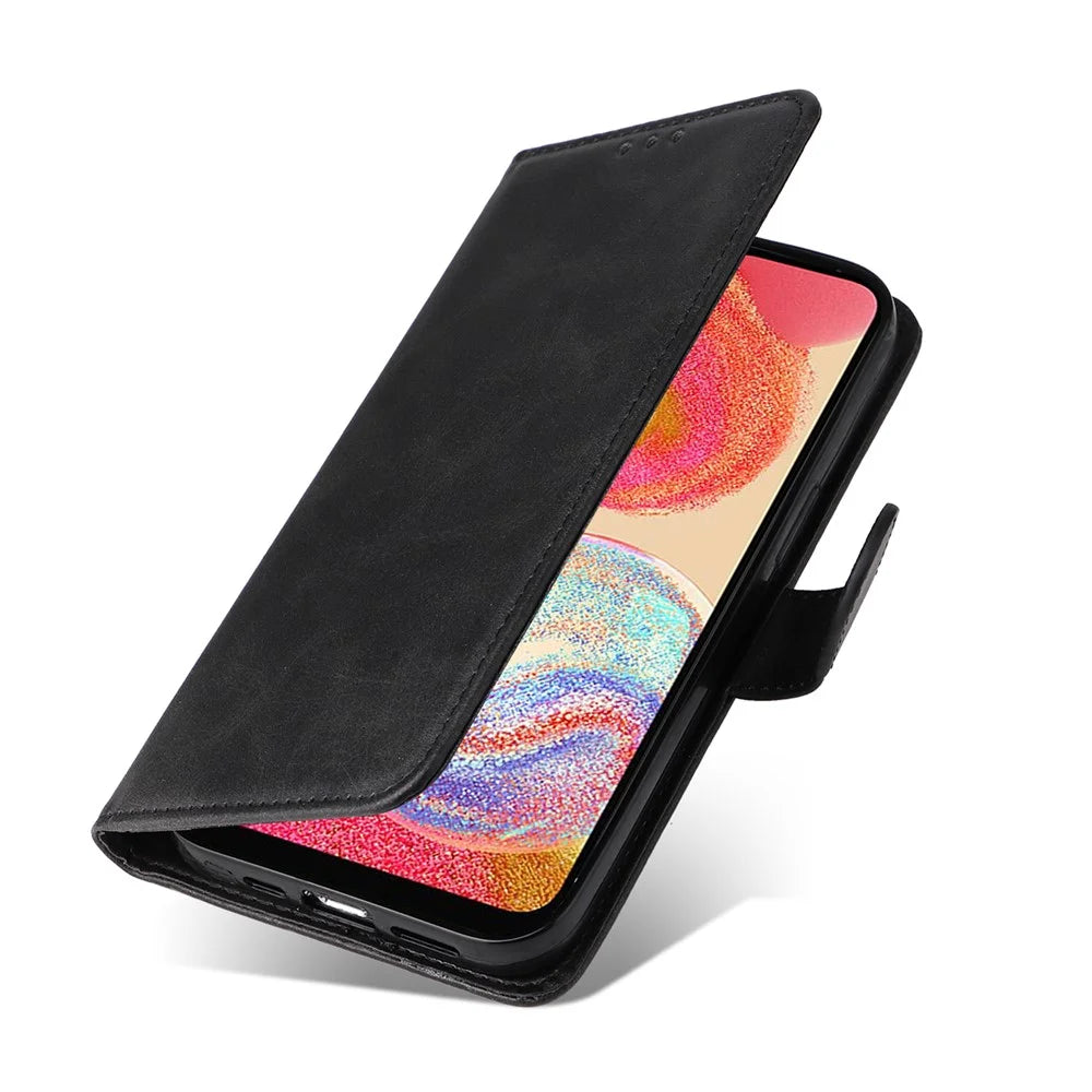 For Samsung Galaxy A04e 4G / F04 4G / M04 4G Magnetic PU Leather Phone Cover Stand Anti-scratch Calf Texture Folio Wallet Phone Case with Strap - Black - 5