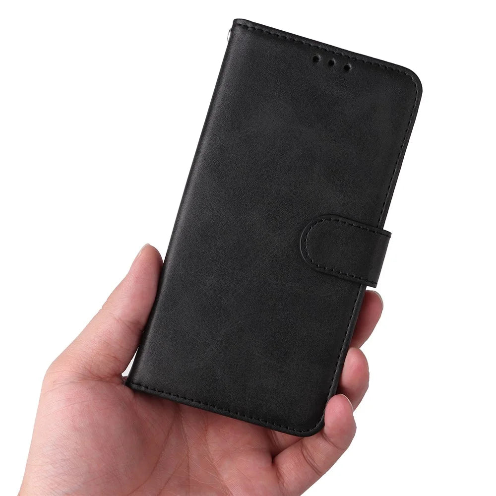 For Samsung Galaxy A04e 4G / F04 4G / M04 4G Magnetic PU Leather Phone Cover Stand Anti-scratch Calf Texture Folio Wallet Phone Case with Strap - Black - 6