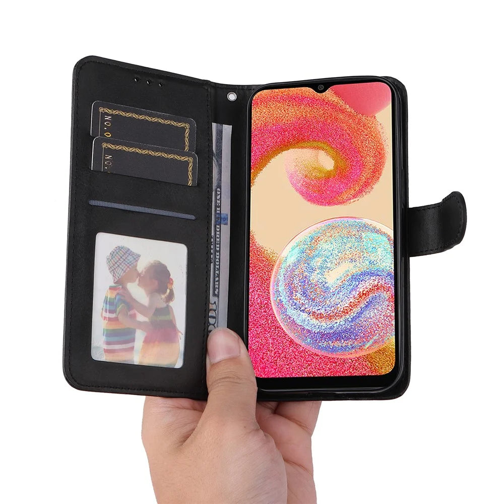 For Samsung Galaxy A04e 4G / F04 4G / M04 4G Magnetic PU Leather Phone Cover Stand Anti-scratch Calf Texture Folio Wallet Phone Case with Strap - Black - 7