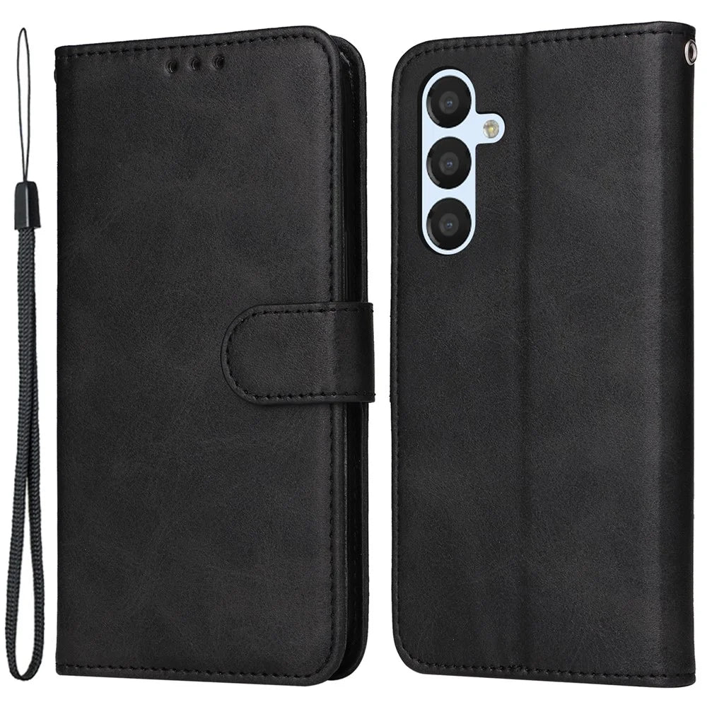 PU Leather Phone Case For Samsung Galaxy A34 5G Full Protection Calf Texture Magnetic Flip Wallet Stand Wear-resistant Phone Cover with Strap - Black - 1