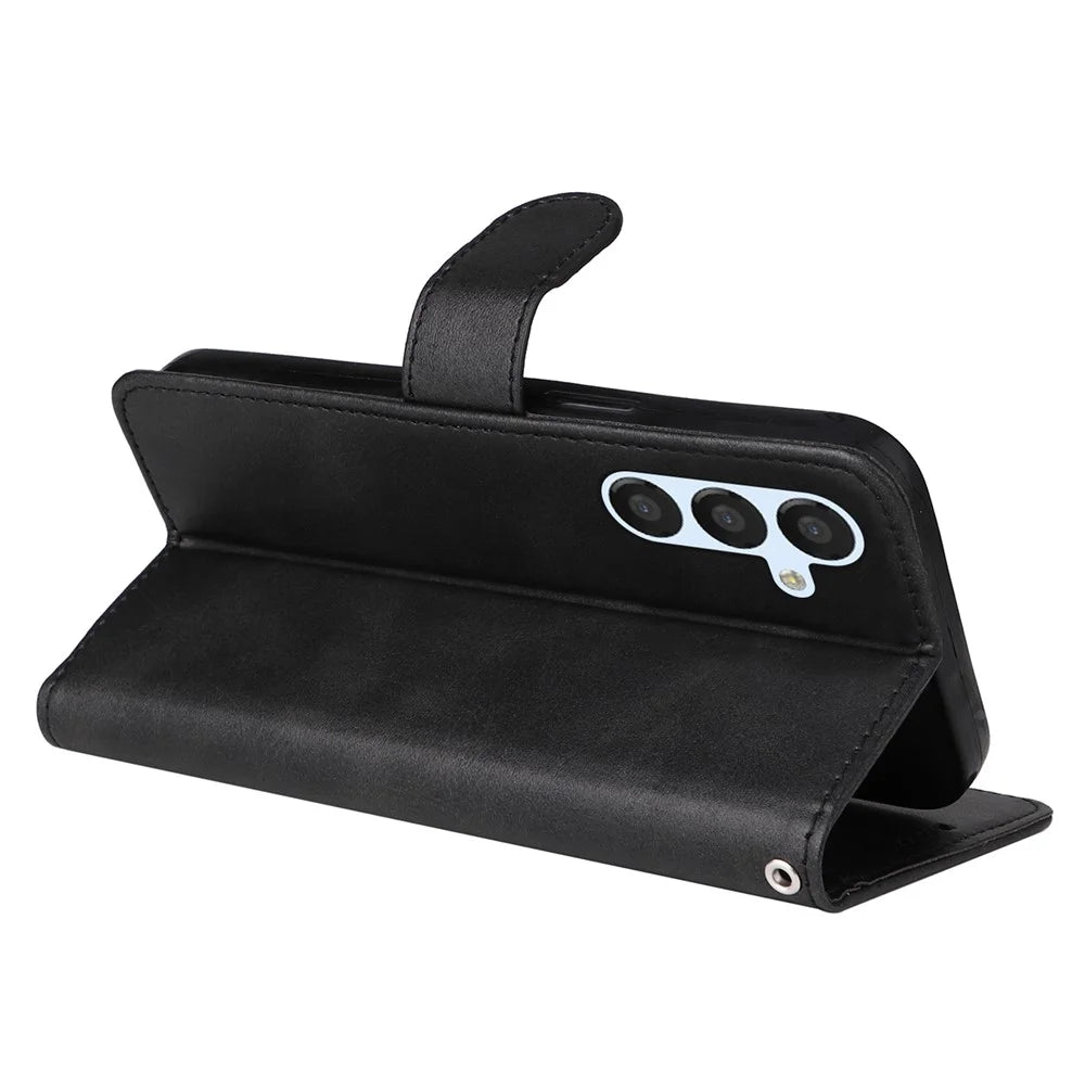PU Leather Phone Case For Samsung Galaxy A34 5G Full Protection Calf Texture Magnetic Flip Wallet Stand Wear-resistant Phone Cover with Strap - Black - 4