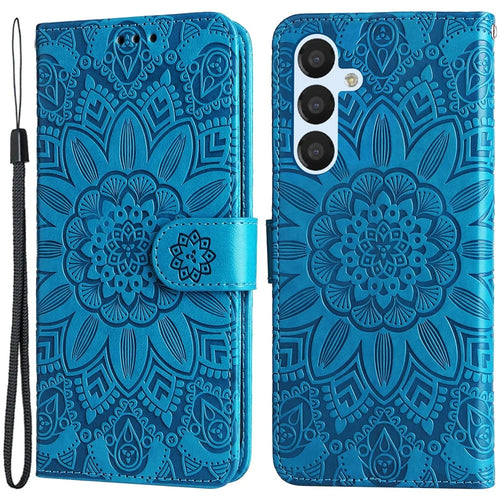 Smartphone Case For Samsung Galaxy A34 5G PU Leather Sunflower Imprinted Magnetic Closure Stand Wallet Phone Cover with Hand Strap - Blue - 1